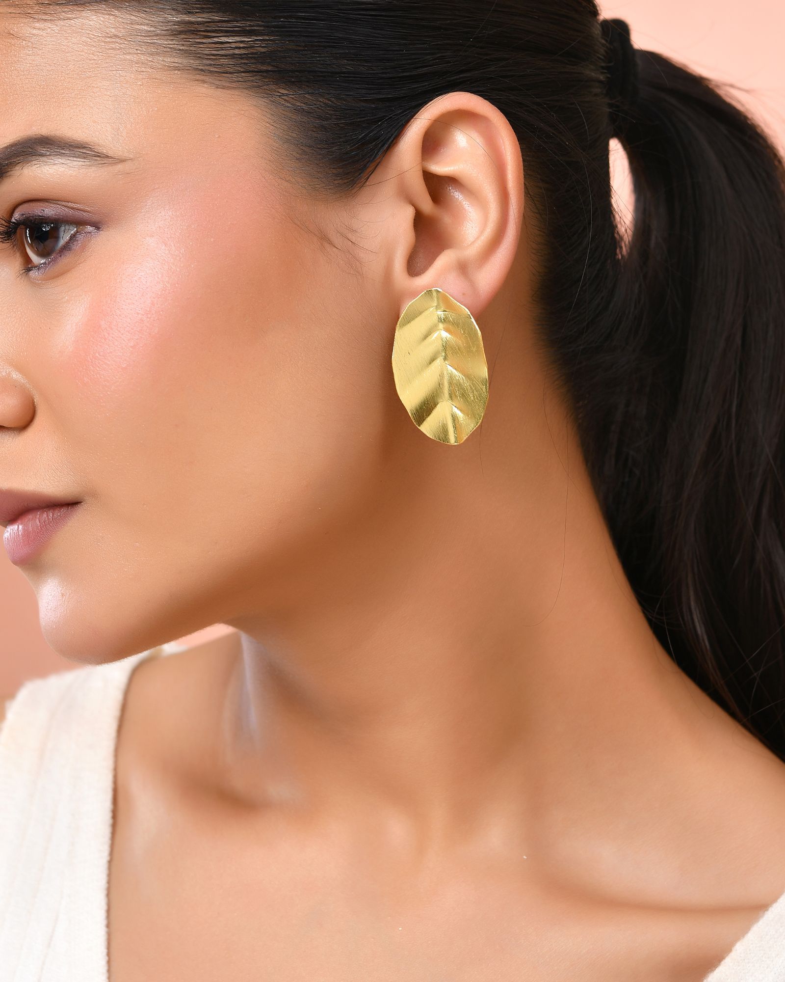 Jewels Nest Gold-Tone Textured Leaf Stud Earrings For Women | Minimal Modern Jewellery - Distacart