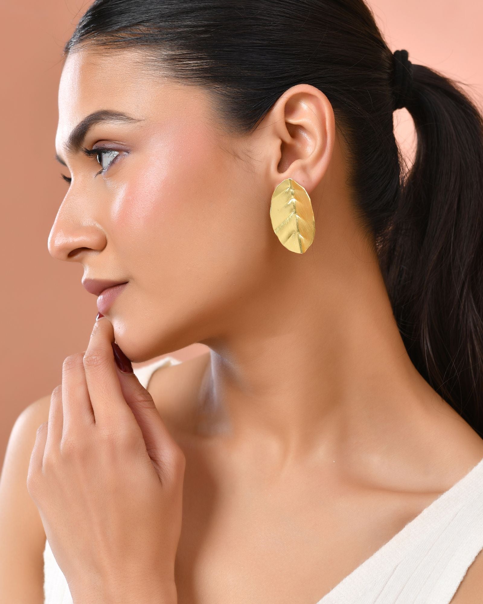 Jewels Nest Gold-Tone Textured Leaf Stud Earrings For Women | Minimal Modern Jewellery - Distacart
