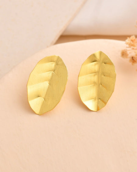 Jewels Nest Gold-Tone Textured Leaf Stud Earrings For Women | Minimal Modern Jewellery