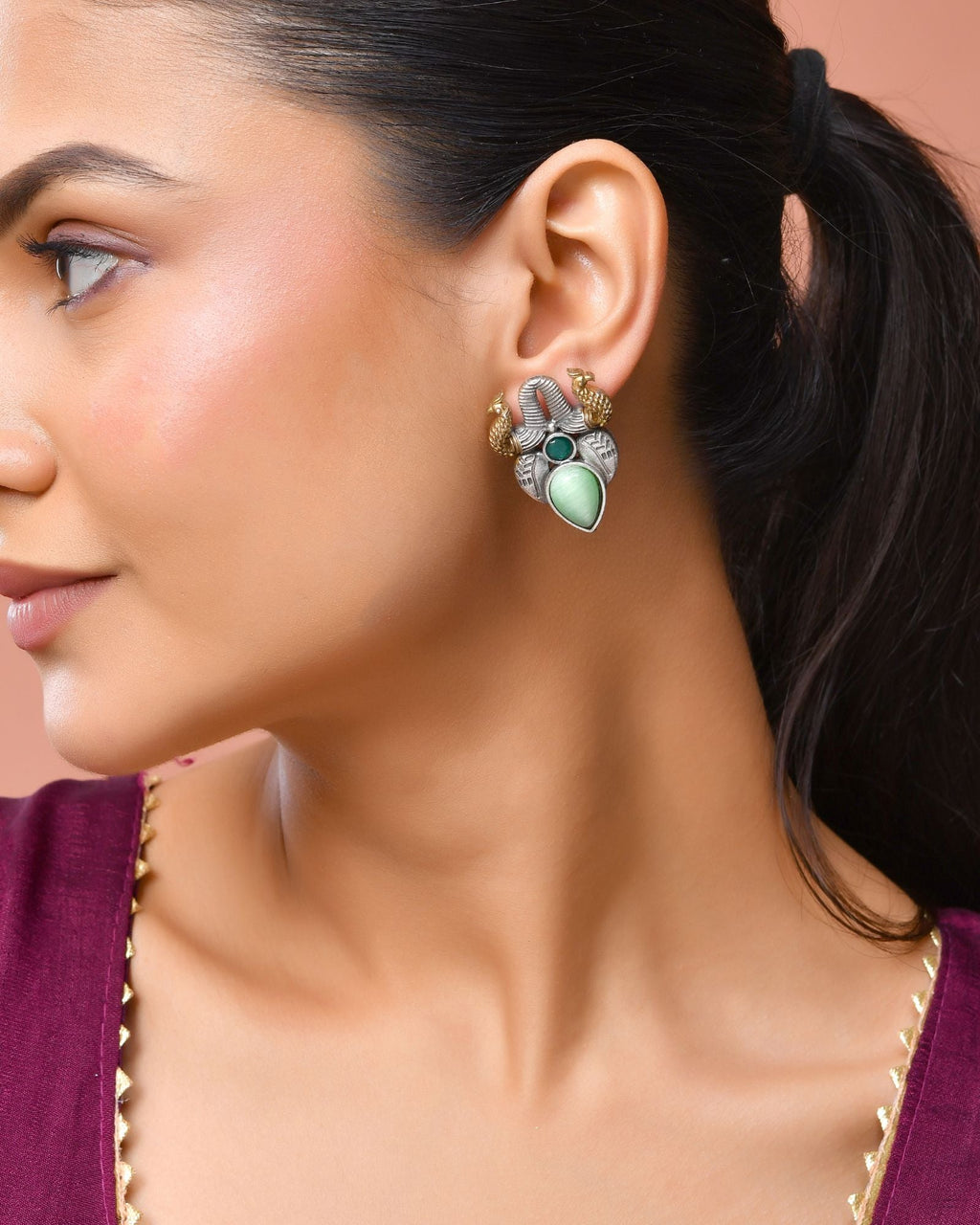 Jewels Nest Oxidised Silver Peacock Stud Earrings With Green Stone For Women - Distacart