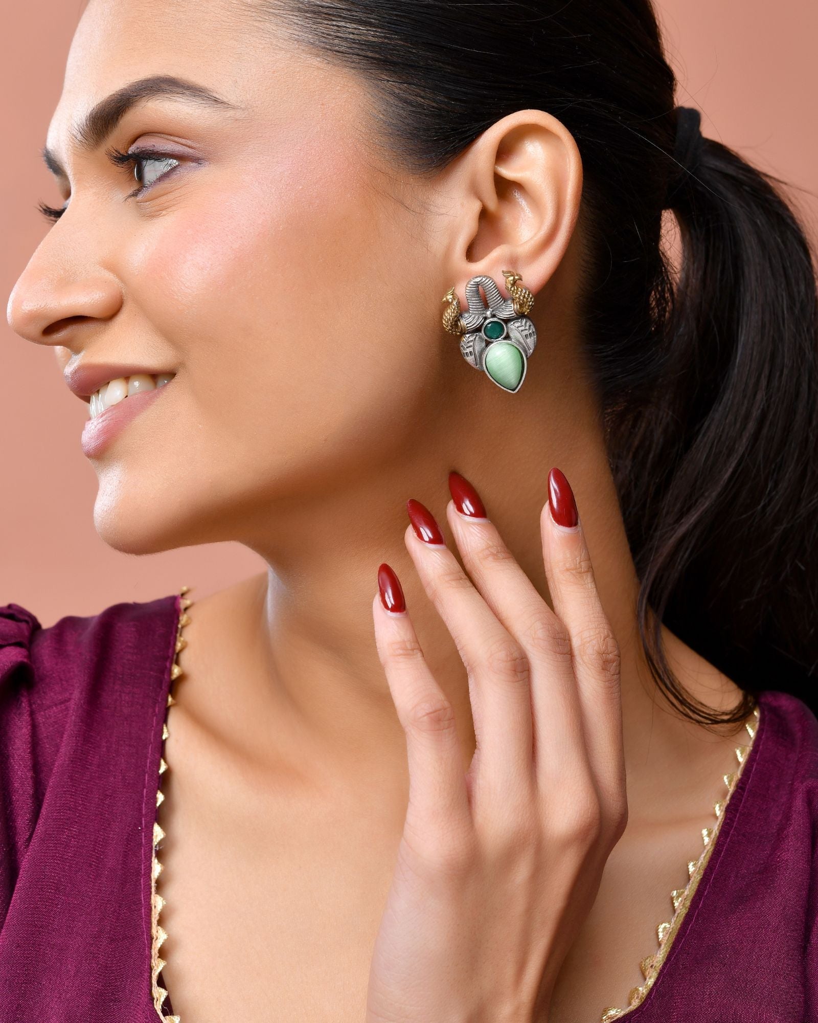 Jewels Nest Oxidised Silver Peacock Stud Earrings With Green Stone For Women - Distacart