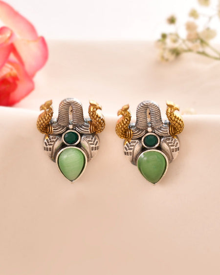 Jewels Nest Oxidised Silver Peacock Stud Earrings With Green Stone For Women