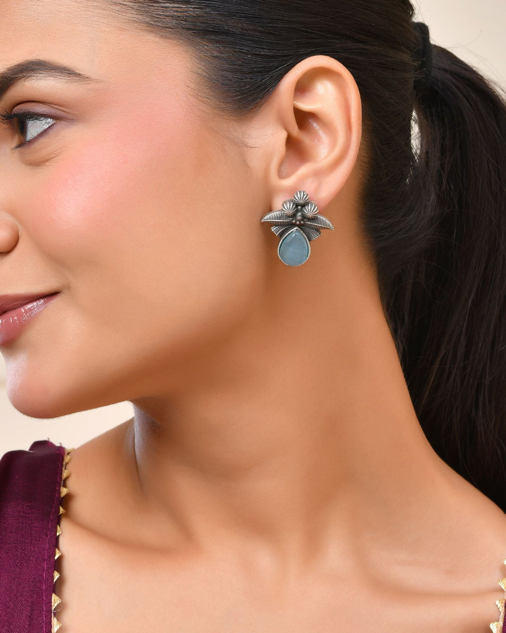 Jewels Nest Oxidised Silver Floral Stud Earrings With Blue Stone For Women - Distacart