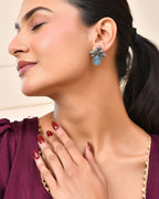 Jewels Nest Oxidised Silver Floral Stud Earrings With Blue Stone For Women - Distacart