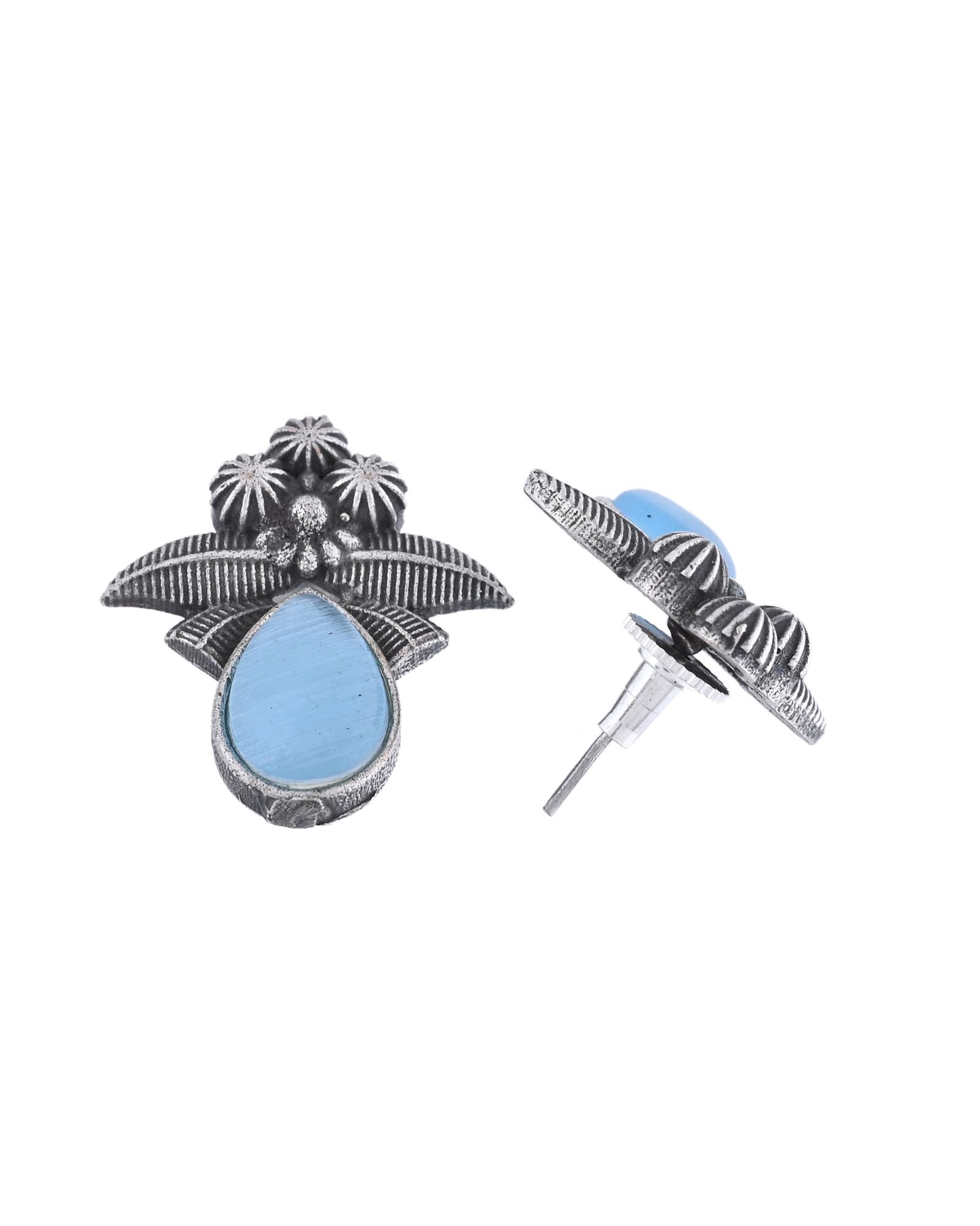 Jewels Nest Oxidised Silver Floral Stud Earrings With Blue Stone For Women - Distacart