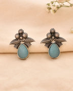 Jewels Nest Oxidised Silver Floral Stud Earrings With Blue Stone For Women - Distacart