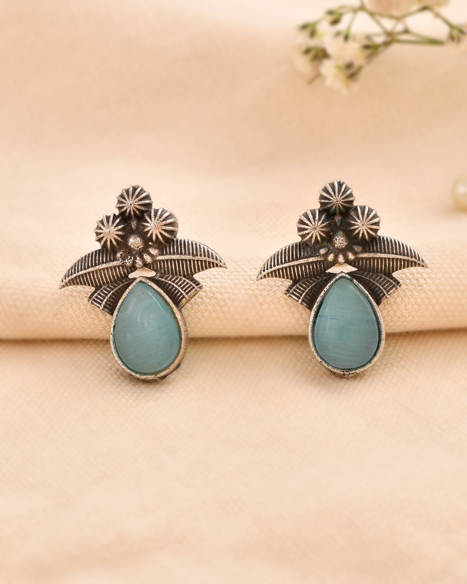 Jewels Nest Oxidised Silver Floral Stud Earrings With Blue Stone For Women - Distacart