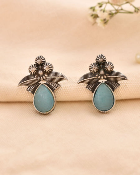 Jewels Nest Oxidised Silver Floral Stud Earrings With Blue Stone For Women