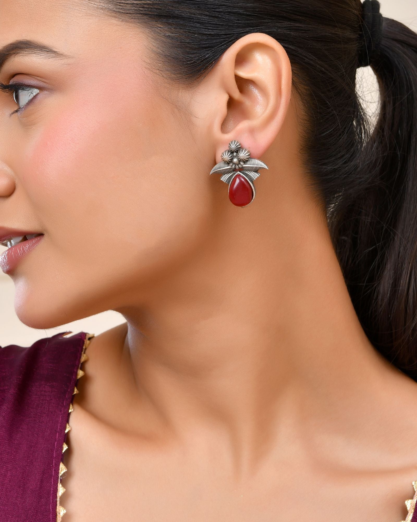 Jewels Nest Oxidised Silver Red Stone Floral Stud Earrings For Women - Distacart