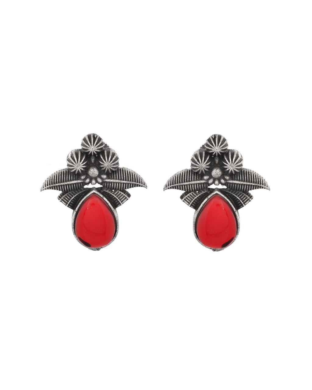 Jewels Nest Oxidised Silver Red Stone Floral Stud Earrings For Women - Distacart