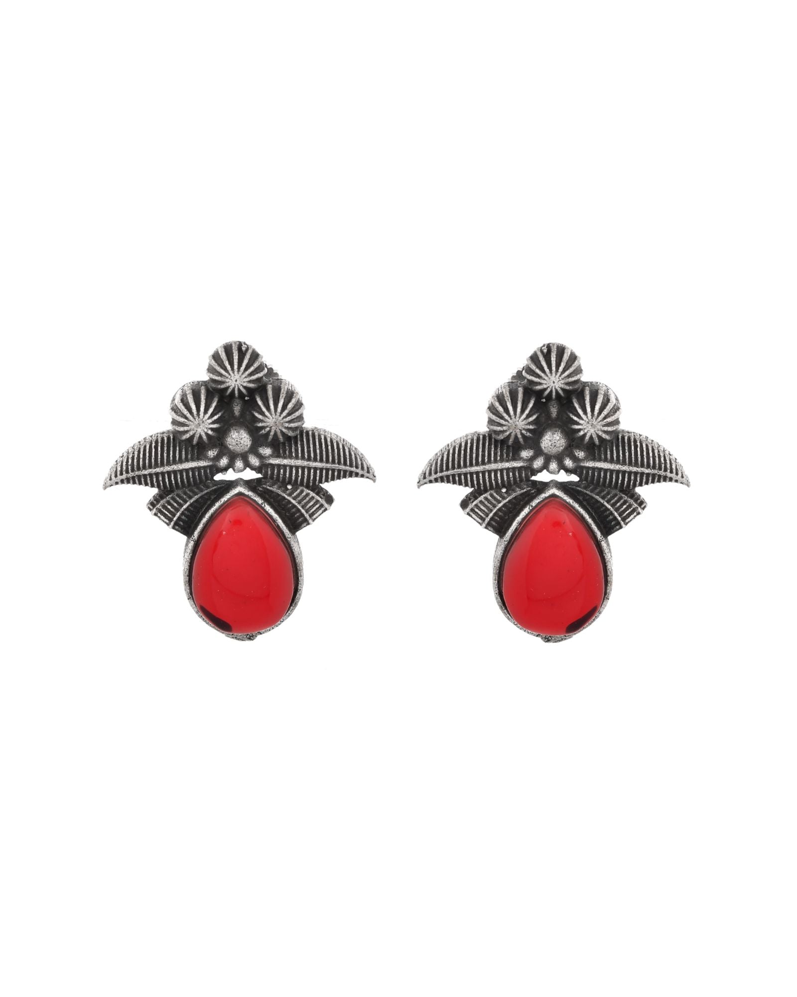 Jewels Nest Oxidised Silver Red Stone Floral Stud Earrings For Women - Distacart