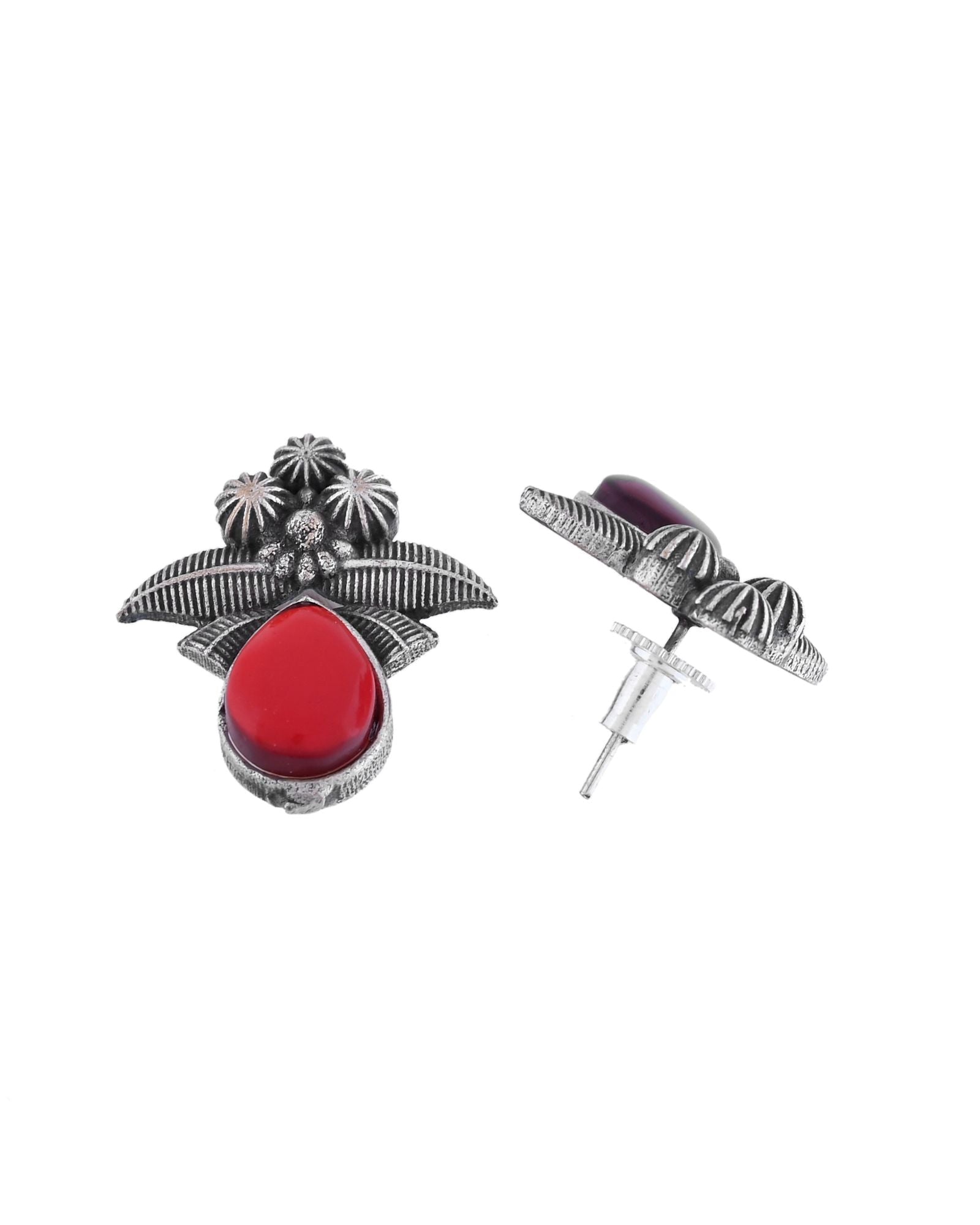 Jewels Nest Oxidised Silver Red Stone Floral Stud Earrings For Women - Distacart