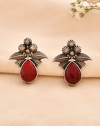 Jewels Nest Oxidised Silver Red Stone Floral Stud Earrings For Women - Distacart