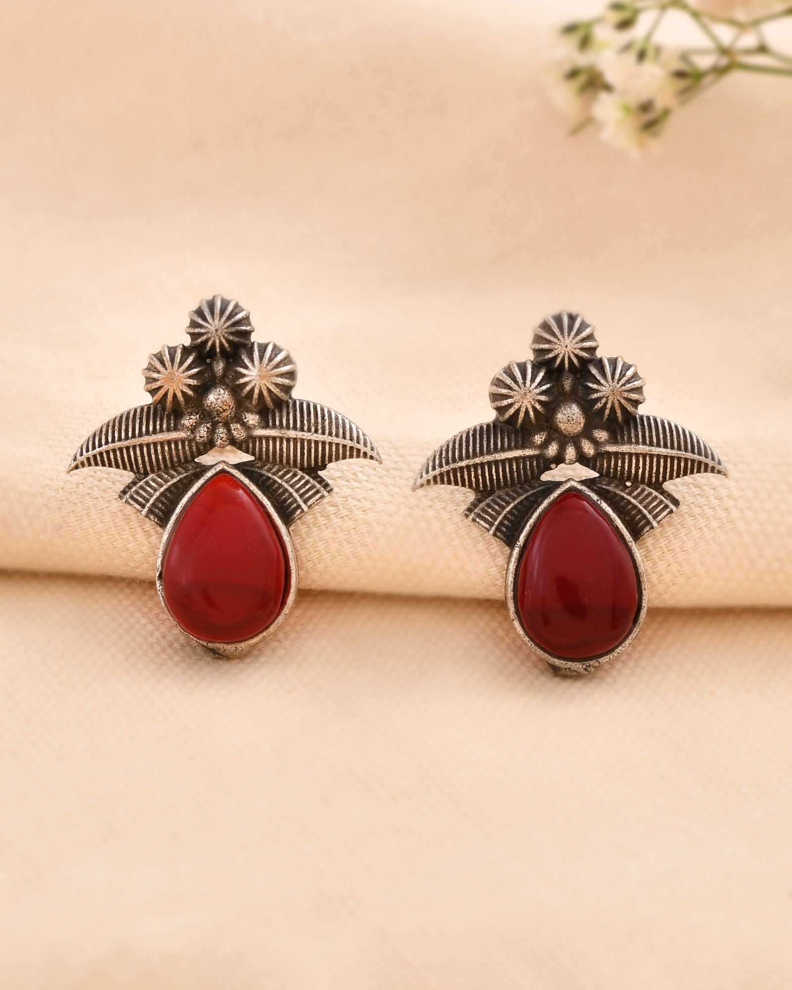 Jewels Nest Oxidised Silver Red Stone Floral Stud Earrings For Women - Distacart