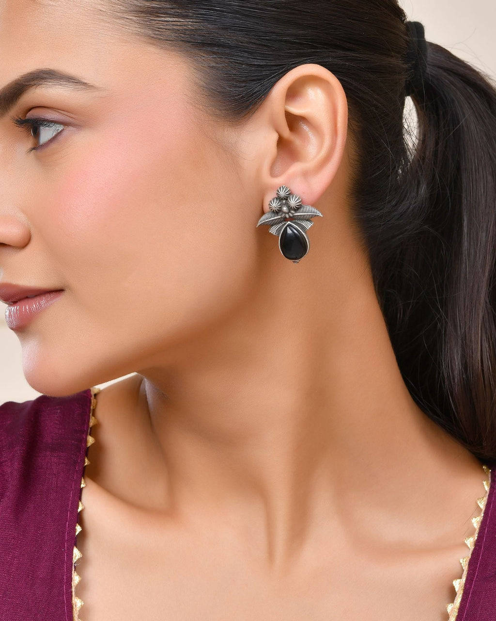 Jewels Nest Oxidised Silver Black Stone Floral Stud Earrings For Women - Distacart
