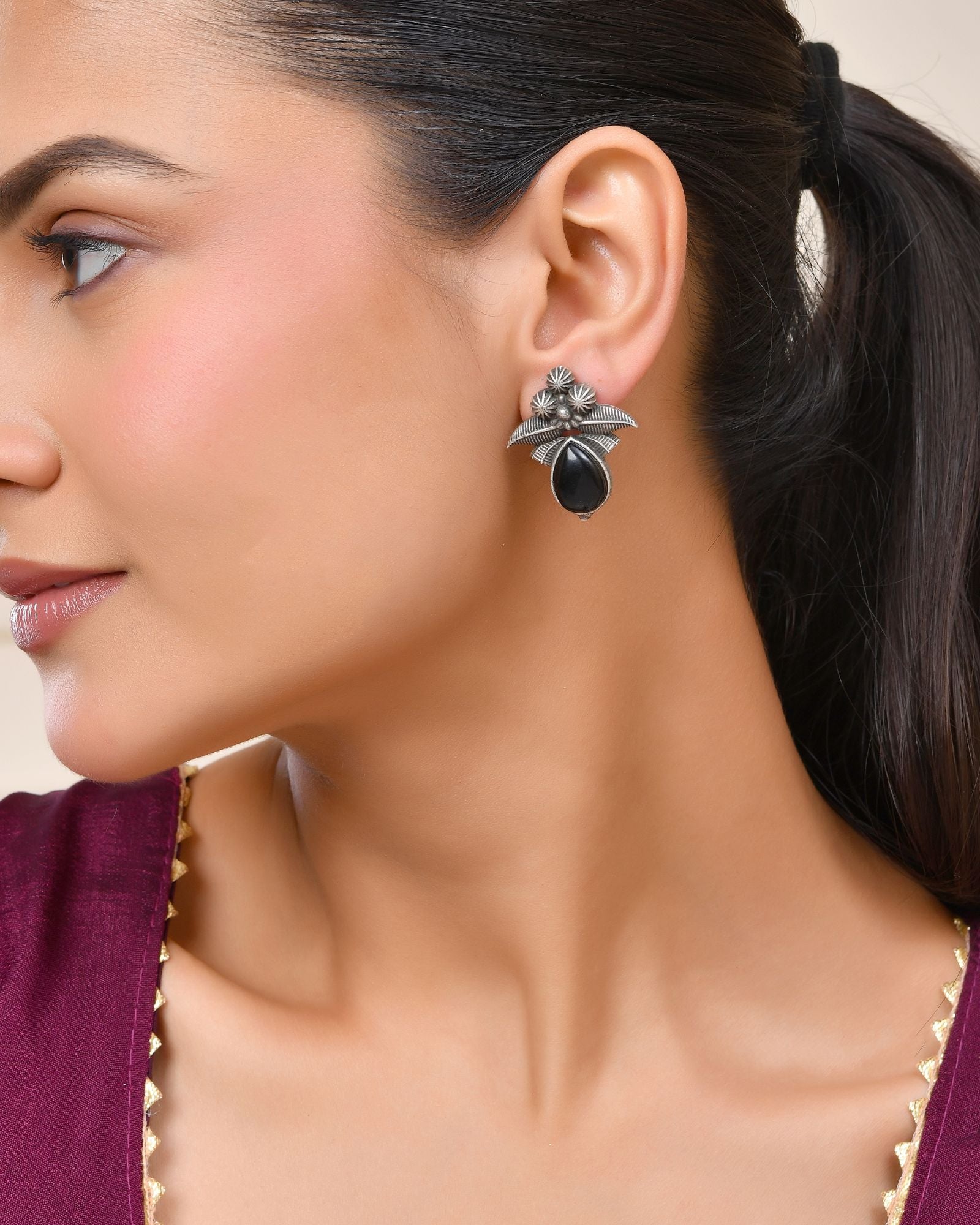 Jewels Nest Oxidised Silver Black Stone Floral Stud Earrings For Women - Distacart
