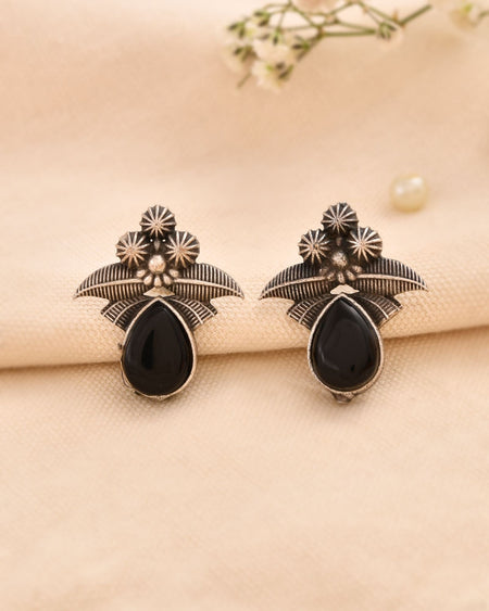 Jewels Nest Oxidised Silver Black Stone Floral Stud Earrings For Women