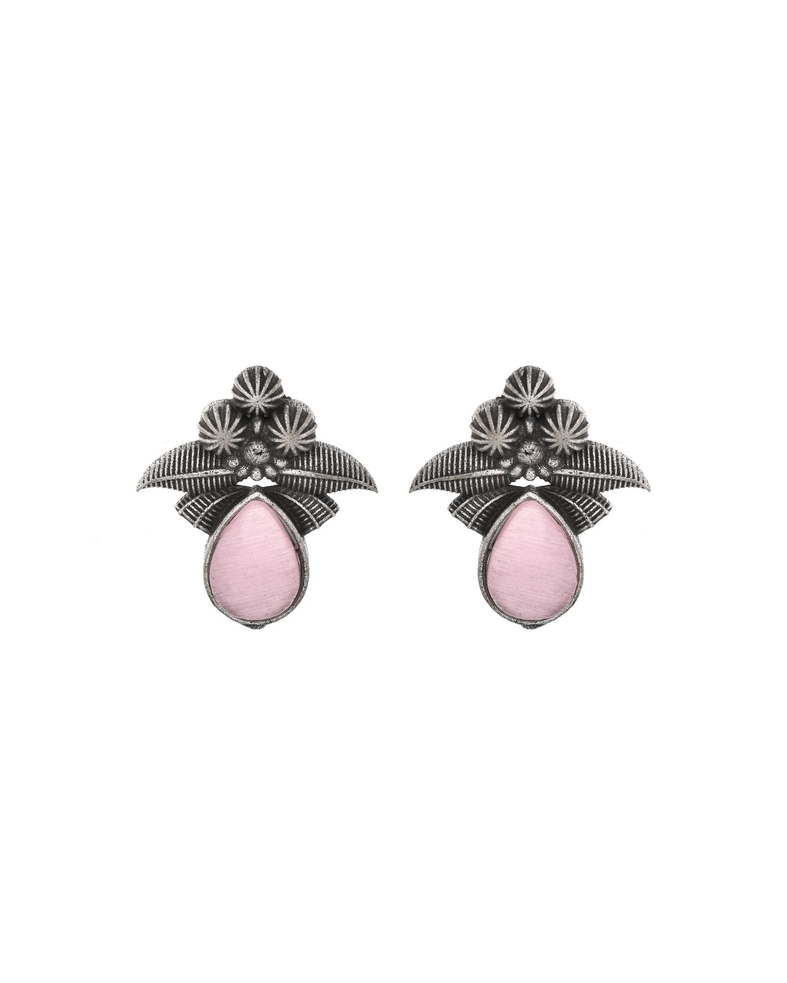 Jewels Nest Oxidised Silver Pink Stone Floral Stud Earrings For Women - Distacart