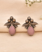 Jewels Nest Oxidised Silver Pink Stone Floral Stud Earrings For Women - Distacart