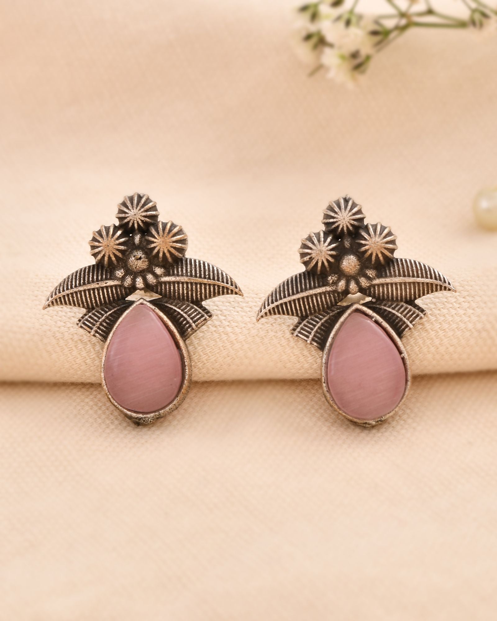 Jewels Nest Oxidised Silver Pink Stone Floral Stud Earrings For Women - Distacart