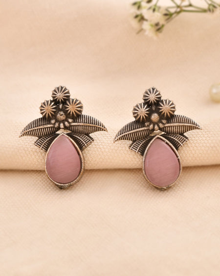Jewels Nest Oxidised Silver Pink Stone Floral Stud Earrings For Women