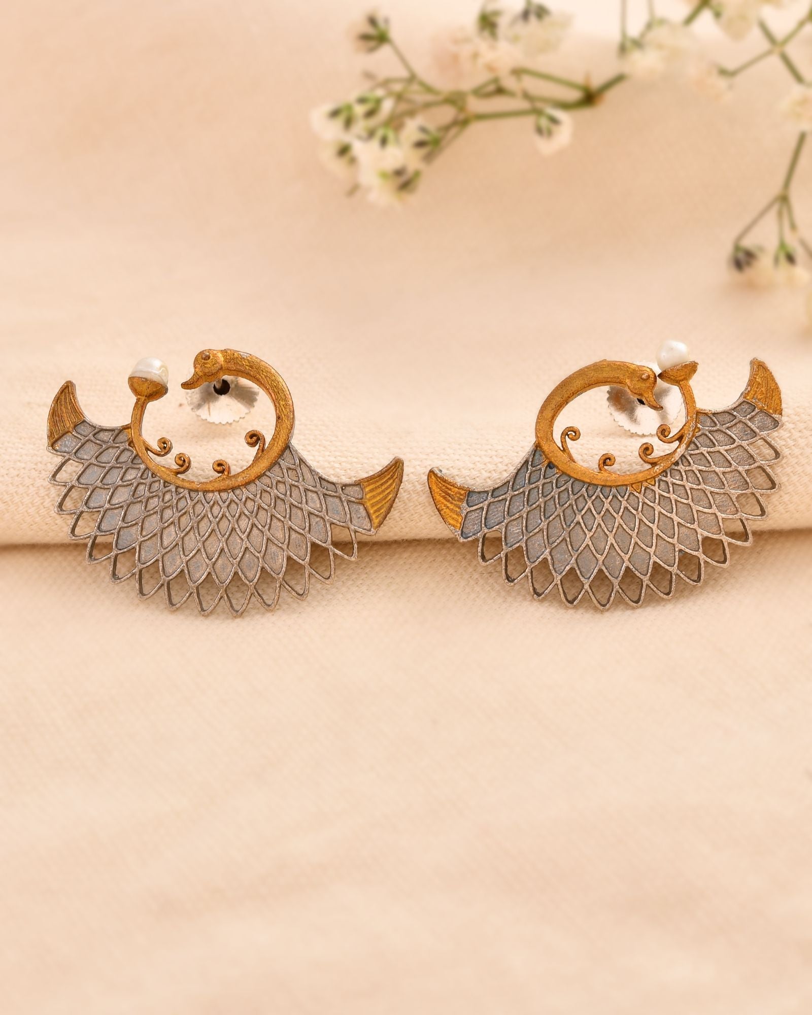 Jewels Nest Gold-Tone Dual Finish Fan Motif Stud Earrings For Women - Distacart