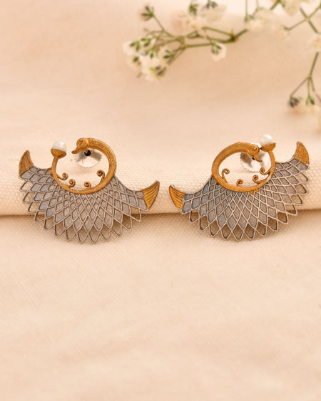 Jewels Nest Gold-Tone Dual Finish Fan Motif Stud Earrings For Women