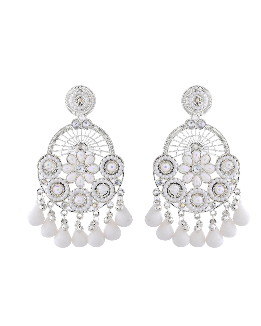 Jewels Nest Silver-Plated White Stone Chandelier Earrings with Floral and Beaded Detailing - Distacart