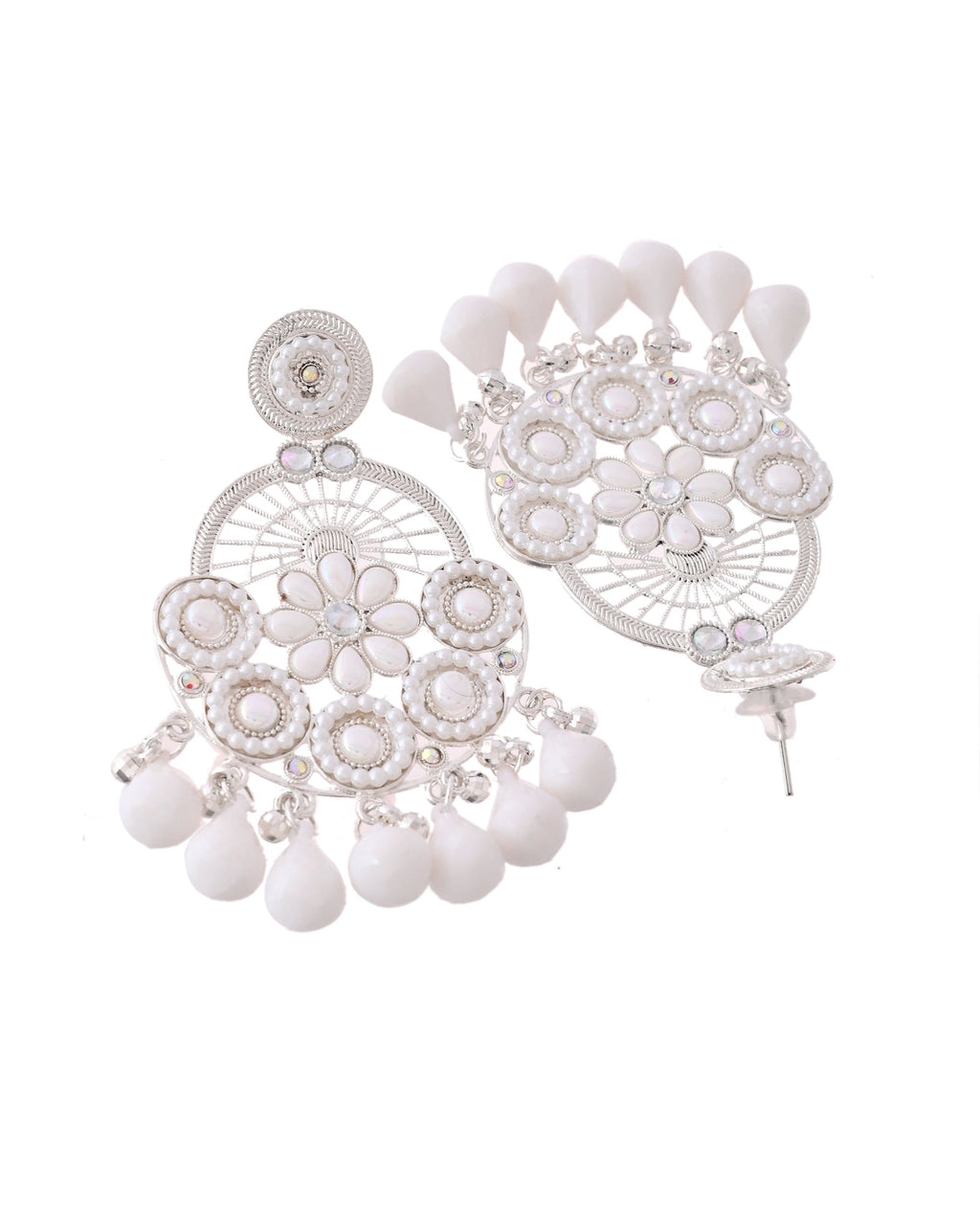 Jewels Nest Silver-Plated White Stone Chandelier Earrings with Floral and Beaded Detailing - Distacart