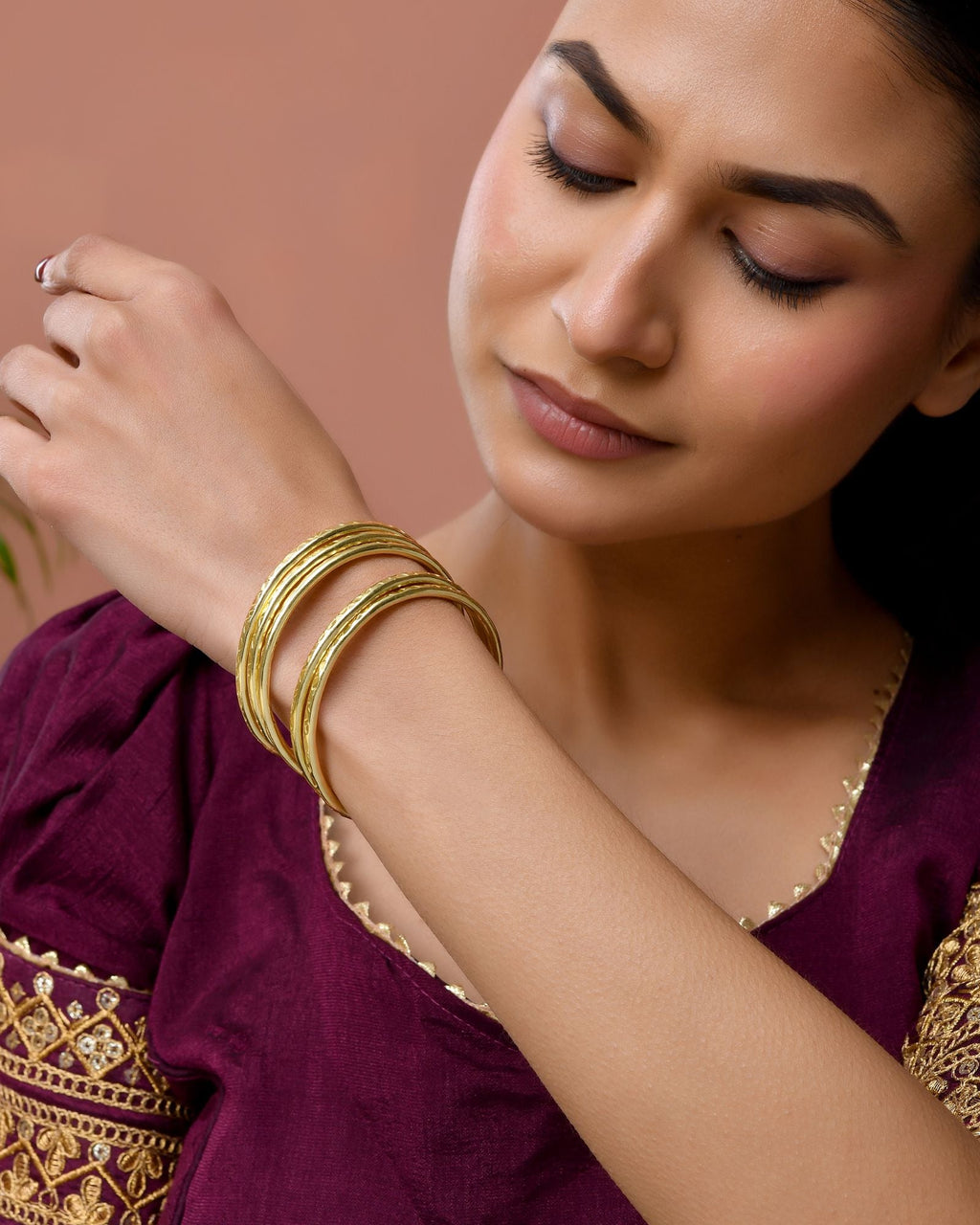Jewels Nest Gold-Tone Textured Open Cuff Bangles Set For Women (Set Of 6)