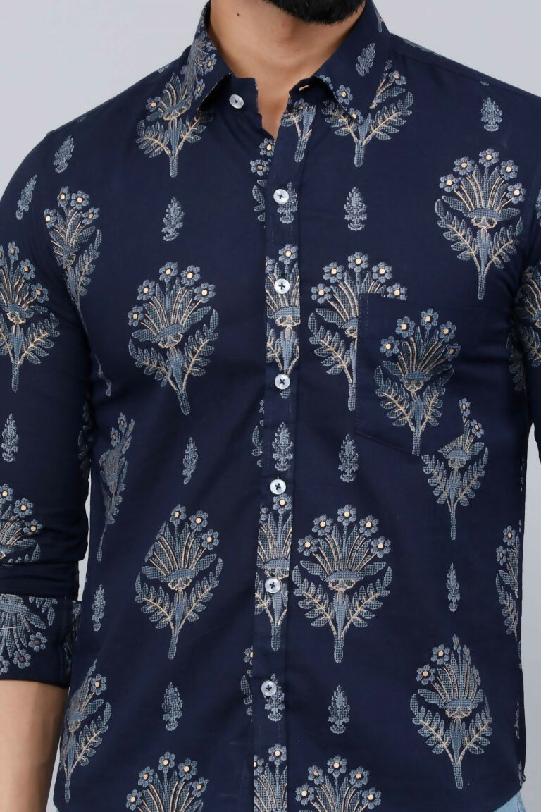 Miravan Men's Blue Spread Collar Floral Print Shirt