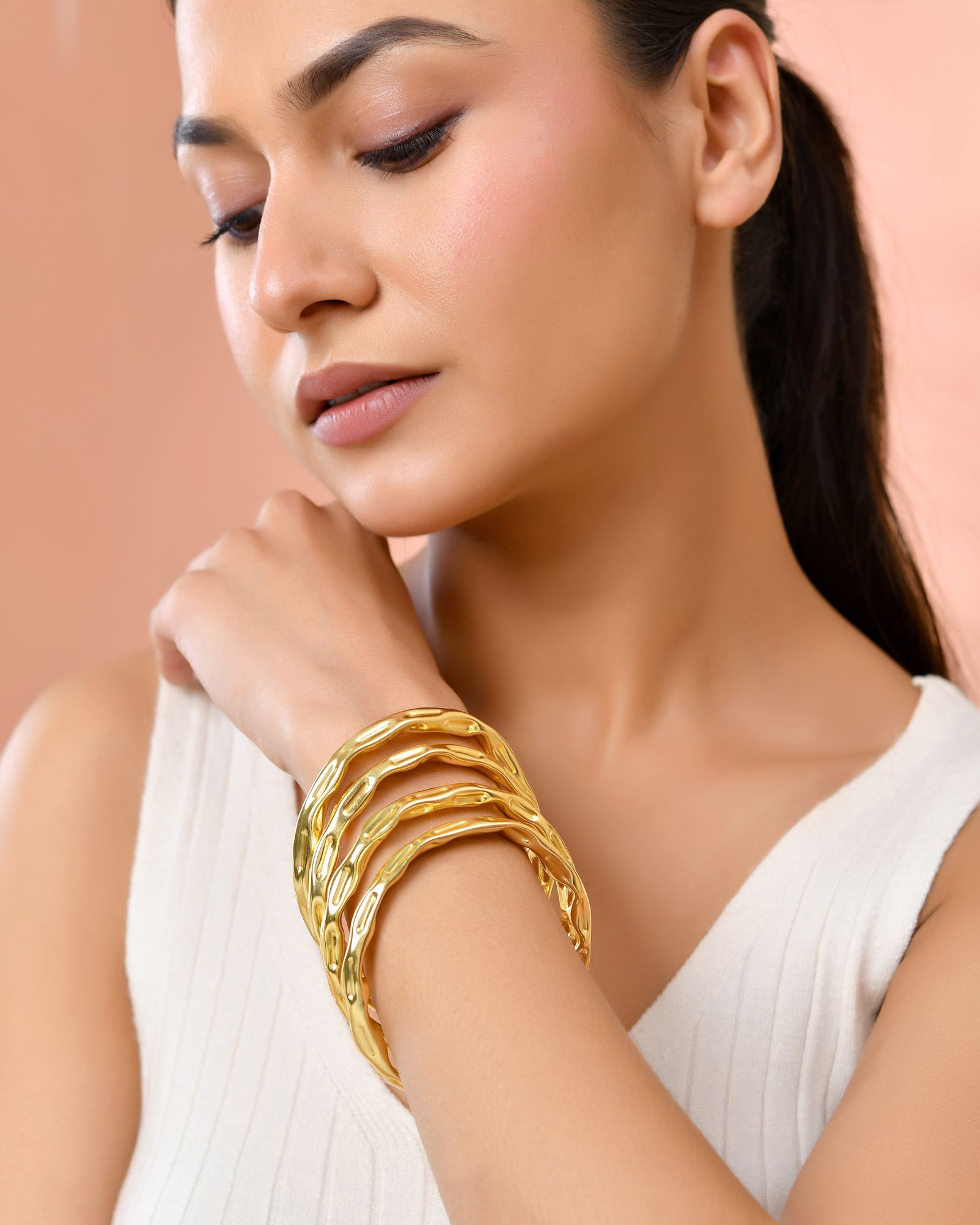 Jewels Nest Gold-Tone Organic Textured Open Bangles Set For Women