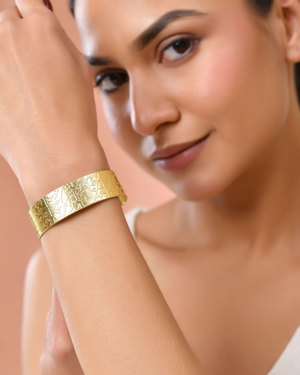 Jewels Nest Gold-Tone Anti- Tarnish Textured Wide Cuff Bangle For Women