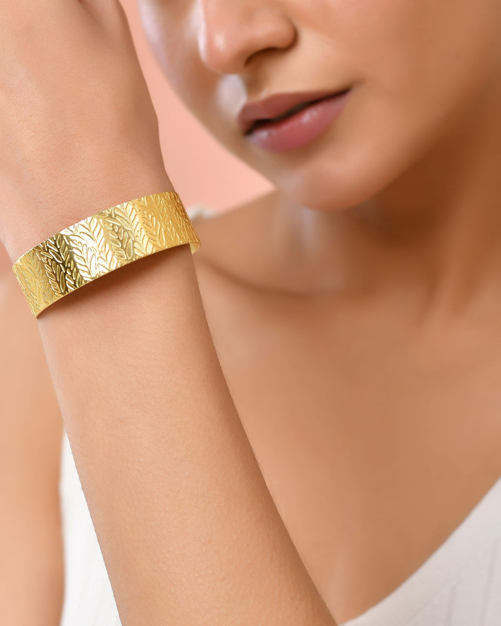 Jewels Nest Gold-Tone Anti- Tarnish Leaf Textured Wide Cuff Bangle For Women - Distacart