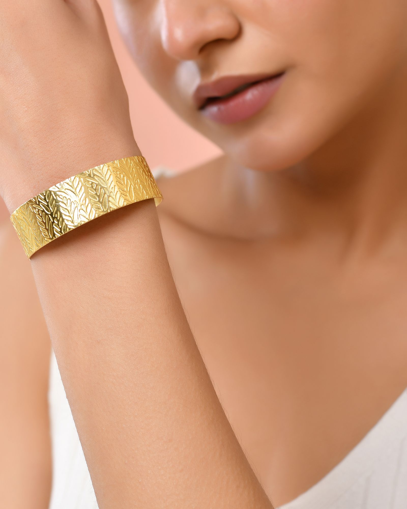 Jewels Nest Gold-Tone Anti- Tarnish Leaf Textured Wide Cuff Bangle For Women - Distacart