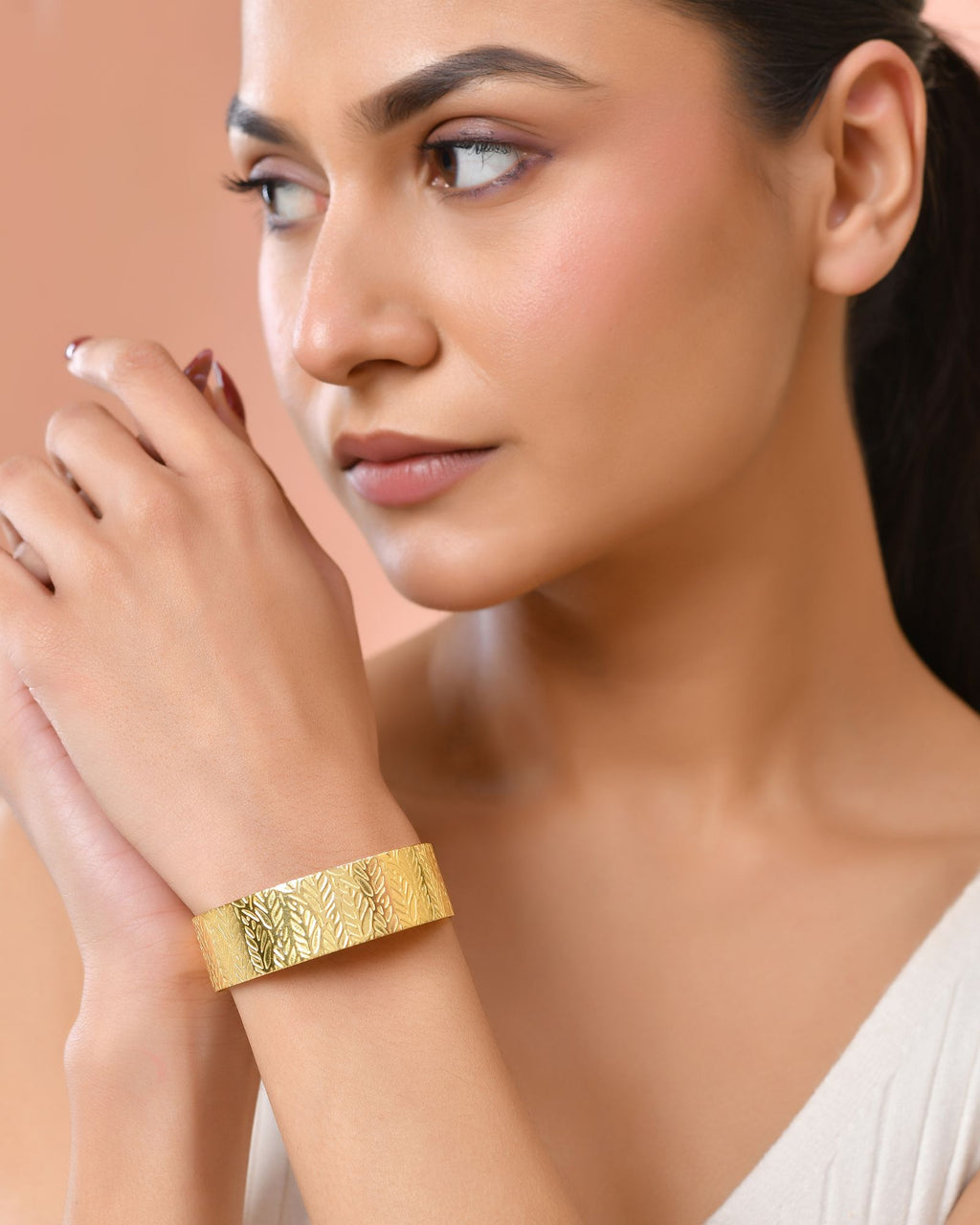 Jewels Nest Gold-Tone Anti- Tarnish Leaf Textured Wide Cuff Bangle For Women - Distacart
