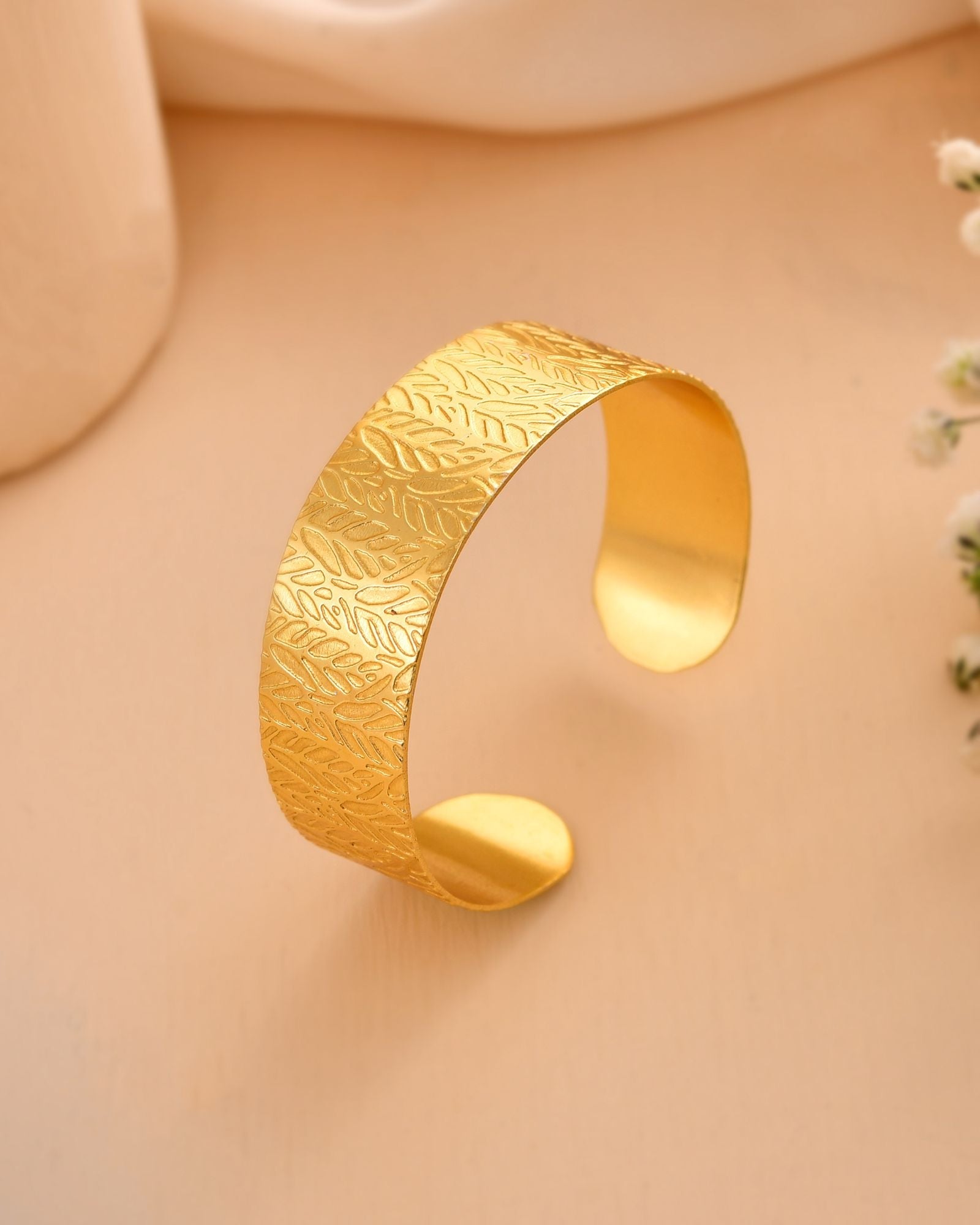 Jewels Nest Gold-Tone Anti- Tarnish Leaf Textured Wide Cuff Bangle For Women - Distacart