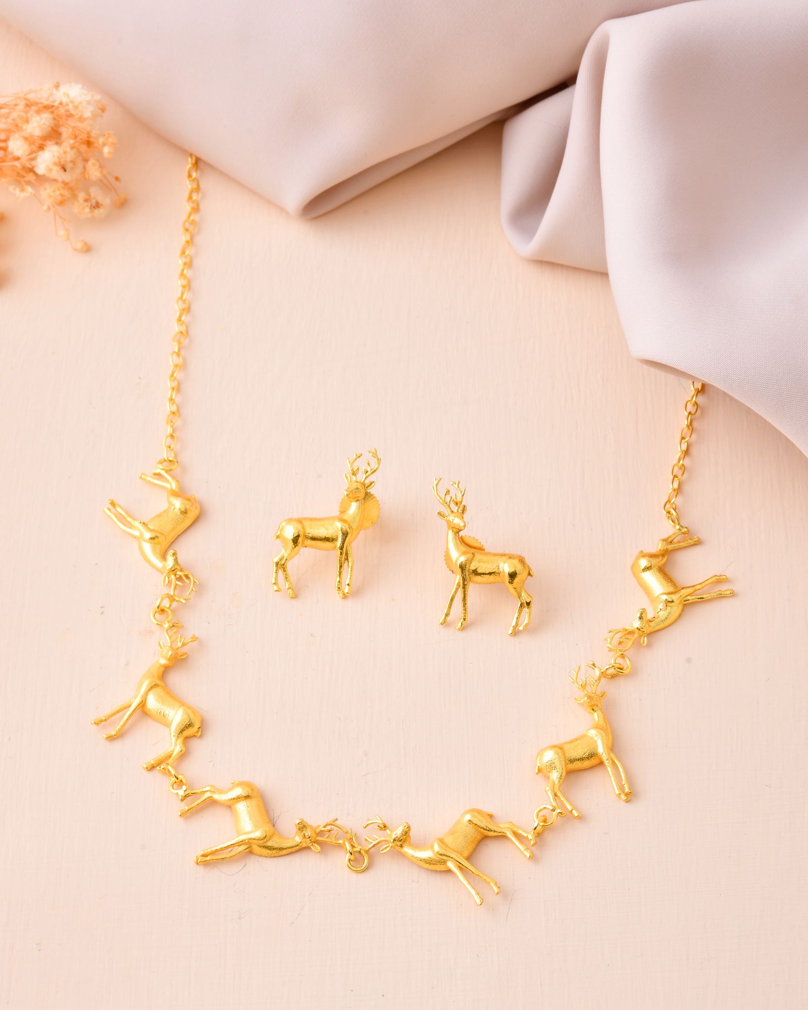 Jewels Nest Gold-Tone Deer Motif Necklace & Stud Earrings Jewellery Set For Women