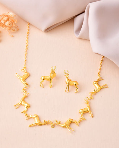 Jewels Nest Gold-Tone Deer Motif Necklace & Stud Earrings Jewellery Set For Women