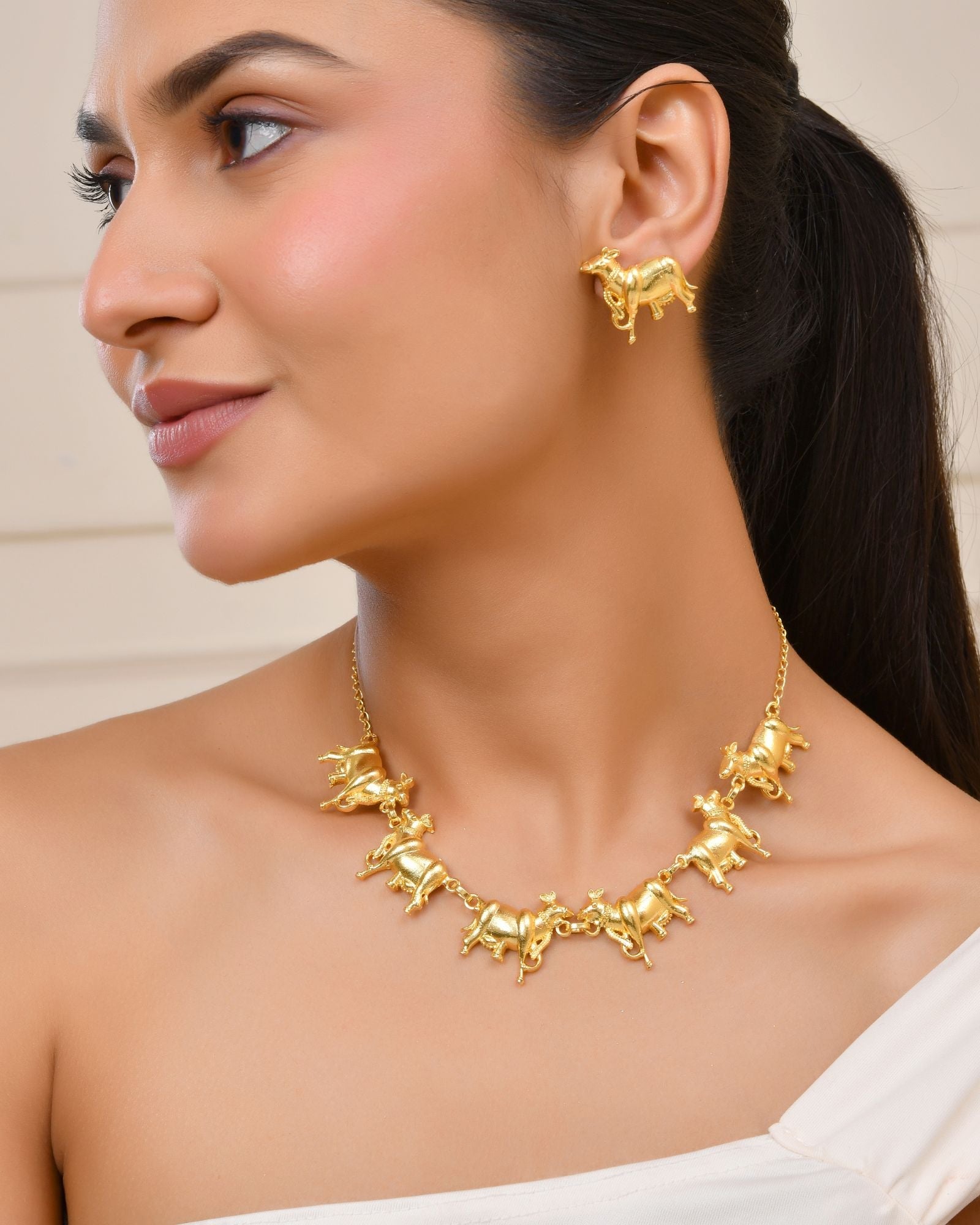 Jewels Nest Gold-Tone Elephant Motif Necklace & Stud Earrings Set For Women | Animal Theme Statement Jewellery