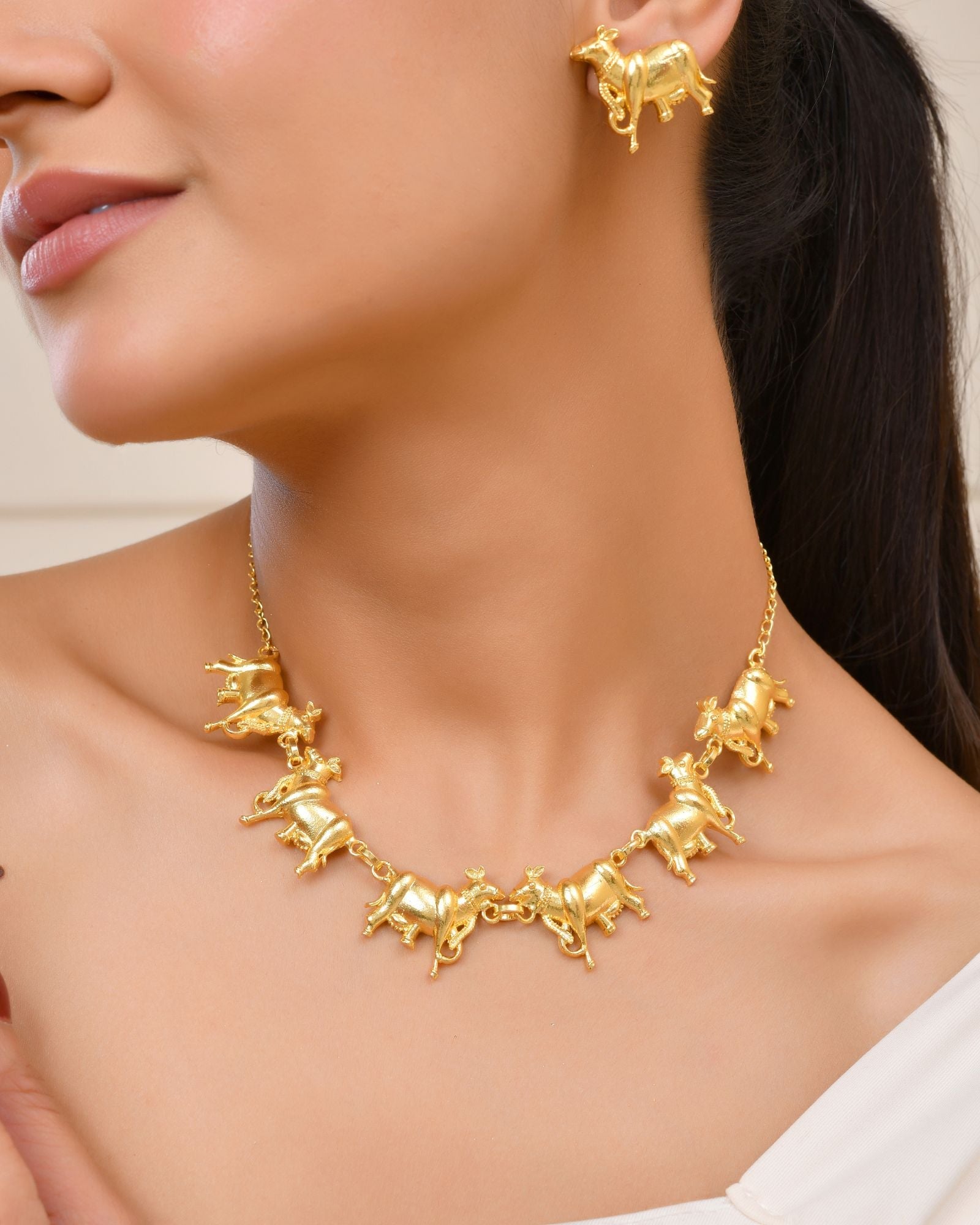 Jewels Nest Gold-Tone Elephant Motif Necklace & Stud Earrings Set For Women | Animal Theme Statement Jewellery