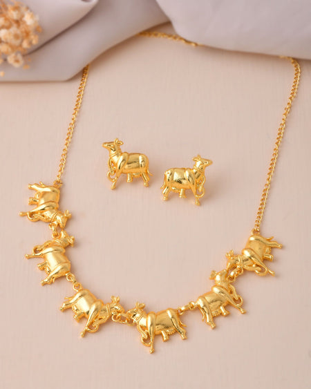 Jewels Nest Gold-Tone Elephant Motif Necklace & Stud Earrings Set For Women | Animal Theme Statement Jewellery