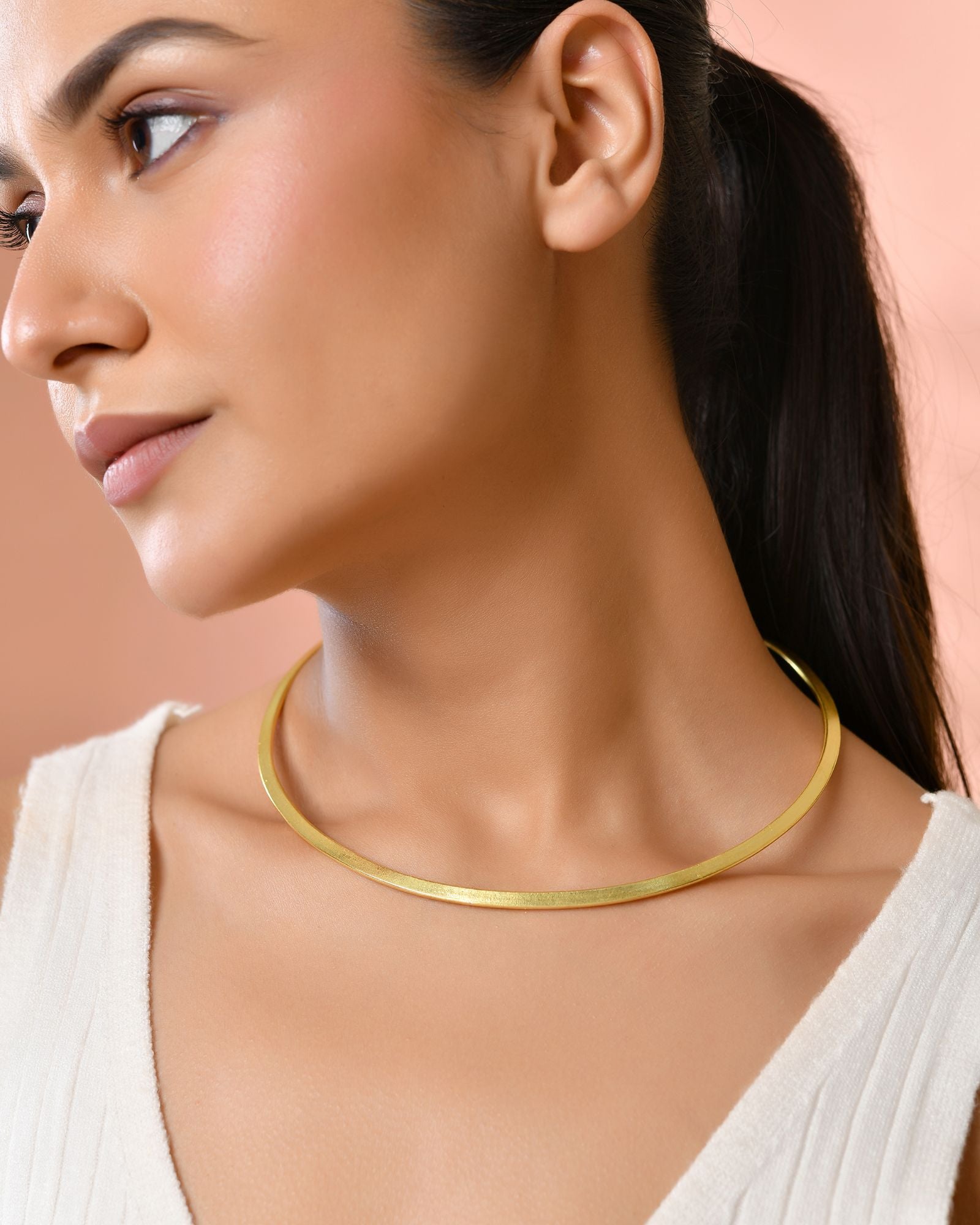 Jewels Nest Gold-Tone Minimal Collar Necklace For Women | Sleek Flat Chain Statement Jewellery
