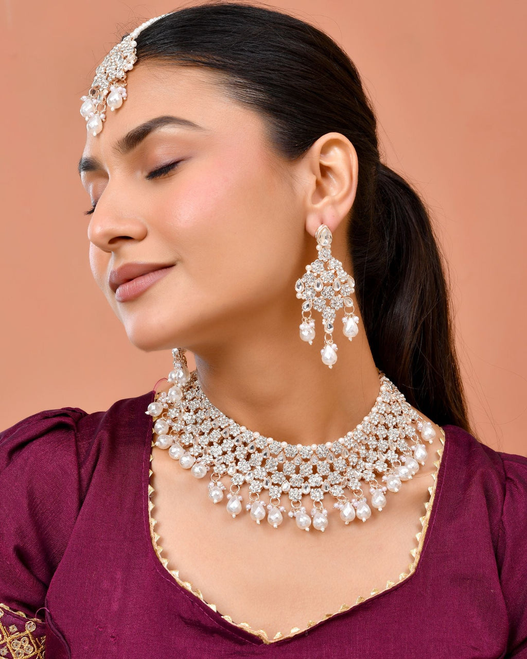 Jewels Nest Silver-Tone Pearl & Crystal Bridal Choker Necklace Set With Earrings And Maang Tikka