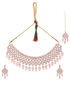 Jewels Nest Silver-Tone Pearl & Crystal Bridal Choker Necklace Set With Earrings And Maang Tikka