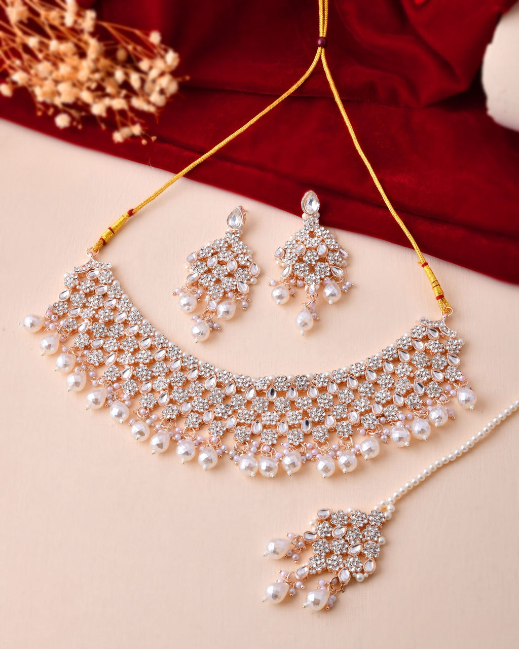 Jewels Nest Silver-Tone Pearl & Crystal Bridal Choker Necklace Set With Earrings And Maang Tikka