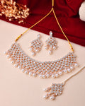 Jewels Nest Silver-Tone Pearl & Crystal Bridal Choker Necklace Set With Earrings And Maang Tikka