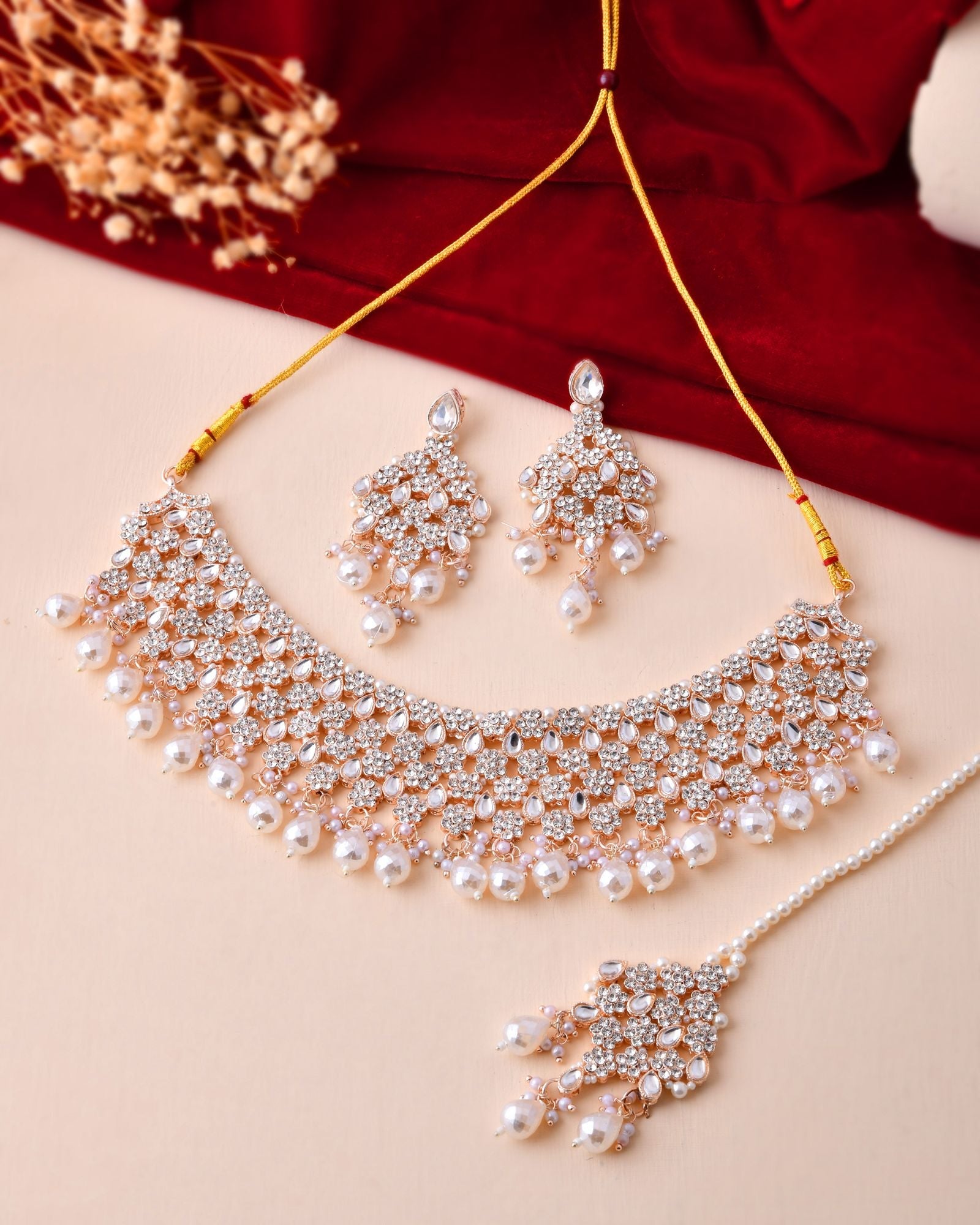 Jewels Nest Silver-Tone Pearl & Crystal Bridal Choker Necklace Set With Earrings And Maang Tikka