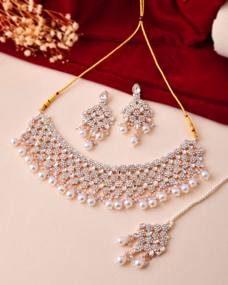 Jewels Nest Silver-Tone Pearl & Crystal Bridal Choker Necklace Set With Earrings And Maang Tikka