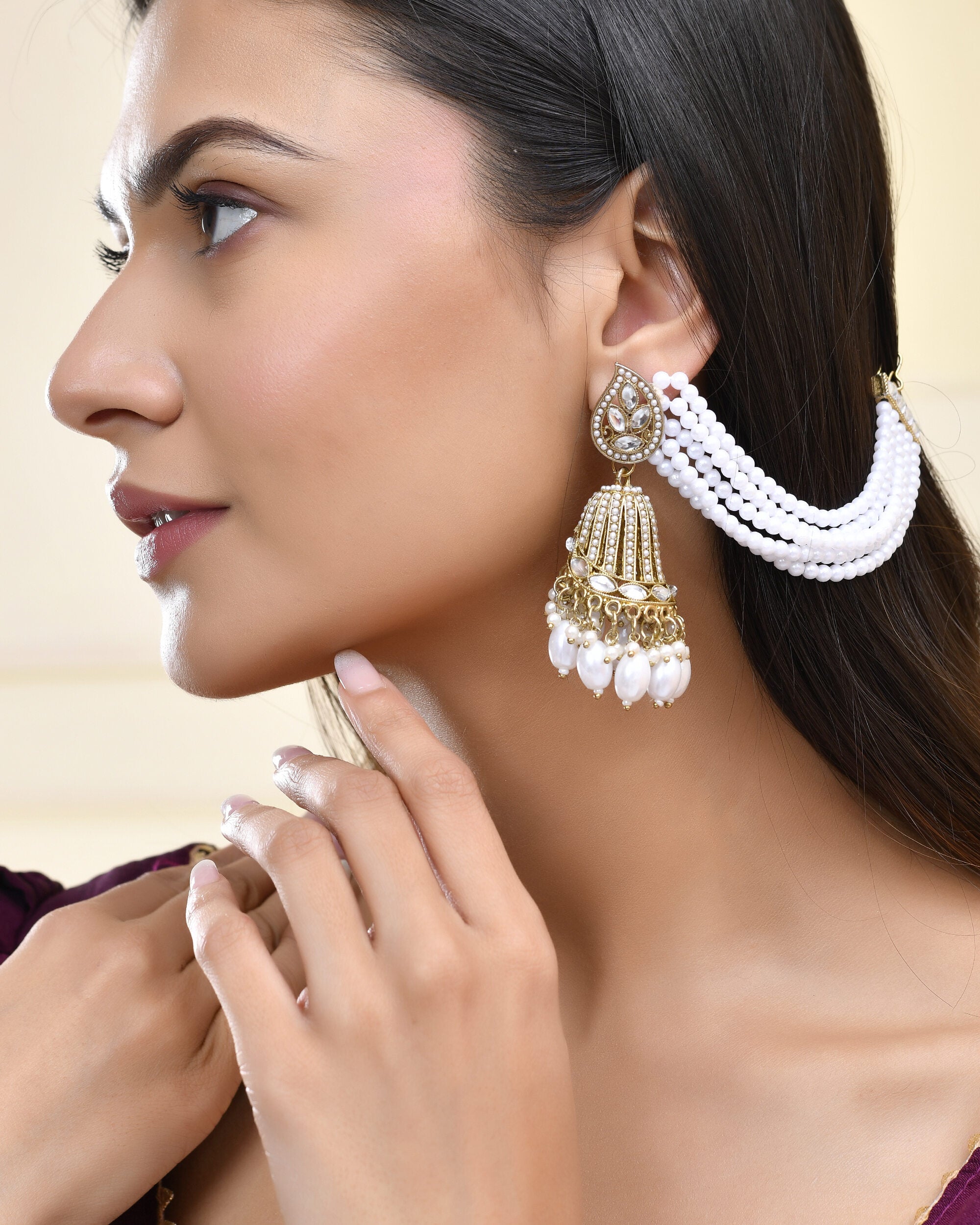 Jewels Nest Grand Traditional Gold and Pearl Jhumka Earrings with Kundan and Layered Pearl Strings - Distacart